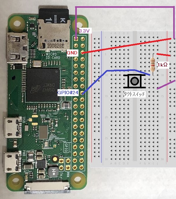 Raspberry Pi Zero WのGPIOとブレッドボードとタクトスイッチを使って、Joypadボタンを作る(模式図)